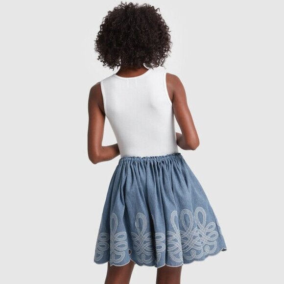 Free People INNIKA CHOO Mini Scalloped Railroad Stripe Blue Denim Skirt Size M 2 - Picture 4 of 11